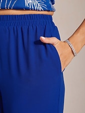 economico gamba larga e vita alta-Per donna Gamba larga Chinos Essenziale Lunghezza intera Vita Alta Semplice Tasca Fascia Elastica Comodo Morbido Confortevole Micro-elastico Matrimonio Formale Blu reale Estate Primavera Vestibilit