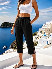 baratos Partes inferiores-Mulheres Shorts de algodão e linho Calças Capri chinês Calção Férias Roupa de rua Casual Comprimento do joelho Cintura Média Tecido Bolsos Cintura elástica Respirável Sem Elasticidade Diário Ao ar
