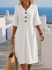 economico Vestiti-Per donna Abito Midi Abiti effetto lino Abito a Tubino Casual Quotidiano Vestibilità comoda Semplice Manica 3/4 Scollo a V Blu Nero Bianco Verde Estate Primavera Autunno