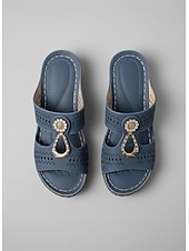 baratos Chinelos de slide-sandálias mule femininas de salto grosso – design com strass vazado, decoração com fivela retrô, sola confortável, para caminhadas ao ar livre, jardim e roupas casuais de verão