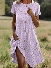 cheap Plain Dress-Women's Knee Length Dress Casual Dress Summer Dress Eyelet Dress Fashion Modern Beach Vacation Regular Fit Geometric Short Sleeve Crew Neck Black Yellow Purple Orange Summer Spring