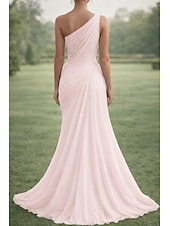 billige A-linje kveldsdrakter-A-linje Gulvlengde Kveldskjoler Ballkjole Elegant Brudens mor Ermeløs Enskuldret Bryllup Formell Chiffon med Brodert blomst Plissert Bølgemønster