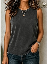 economico T-shirt semplice-softfade™ canotta da donna elegante vintage lavata 100% cotone senza maniche girocollo plissettata blu nero viola chiaro estate primavera