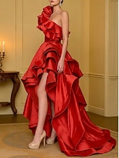 preiswerte Empire-Waist-Abendkleider-A-Linie Asymmetrisch Abiballkleider Abendkleid Ballkleid Festliche Kleidung Elegant Hoher Schlitz Ärmellos Ein-Schulter Hochzeit Formell Satin mit Rüschen Schlitz
