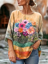 cheap Art&amp;Design Blouses-Women's Blouse Print Graphic Geometric Bohemia Vintage Stylish 3/4 Length Sleeve Crew Neck Regular Tops Casual Daily Vacation Wear Yellow Orange Summer Spring