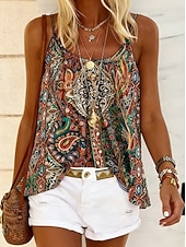 preiswerte Grafiktank-Damen Hemd Bluse Druck Grafik Geometrisch Paisley-Muster Bohemien Vintage Tropisch Ärmellos Träger Normale Oberteile Lässig Täglich Khaki Rote Dunkelgrün Purpur Braun Sommer Frühling