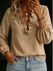  Mujer Camisa Color sólido Plano Elegante Bohemia Vacaciones Manga Larga Escote en Pico Tops regulares Casual Azul Piscina Blanco Rosa Caqui Verano Primavera
