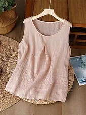 economico Serbatoio Semplice-Per donna Gilet in cotone e lino Arricciato Ricamato Tinta unica Elegante Senza Maniche Senza maniche Scollo Tondo Top Regolari Bianco Rosa Viola Kaki Estate Primavera