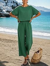 economico Imposta-Set da donna in cotone e lino, due pezzi, colore puro, caldo, casual, comodo, per la casa, quotidiano, primavera, autunno