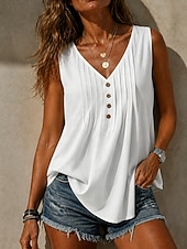 cheap Plain Tank-Women's Shirt Summer Shirt Blouse Ruched Buttons Plain Stylish Classic Modern Sleeveless V Neck Regular Tops Daily Holiday Going out Khaki White Yellow Red Navy Blue Summer Spring
