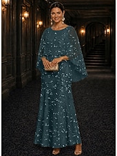 billiga Knöchellänge-A-Line Dress Floor Length Ankle Length Cocktail Dress Mother of the Bride Dress Long Sleeve Scoop Neck Elegant Luxurious Sparkle &amp; Shine Formal Wedding Guest Semi Formal Lace with Beading Sequin