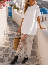 economico Abiti Boho-Per donna Abito Midi Abito in Pizzo Vintage Quotidiano Vestibilità comoda Semplice Manica Corta Girocollo Nero Bianco Grigio Estate