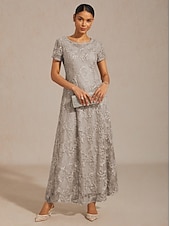  Mujer Vestido maxi Vestido de una línea Elegante Fiesta de Noche Acordonado Lentejuelas Floral Manga Corta Cuello Barco Gris Ligero
