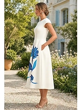  Linea ad A Lunghezza Tè Abito Derby Abiti da Cocktail Elegante Manica Corta Girocollo Formale Derby del Kentucky Raso con Stampa floreale