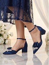 cheap Mother of Bride/Groom-Women's Sophisticated Navy Blue Satin Block Heel Shoes with Bow and Crystal Brooch for Mother of the Bride