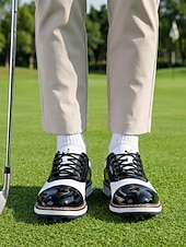 cheap Men's Golf Shoes-Men's Black White Golf Shoes, Lace-Up Dress Sport Shoes, Comfortable Non-Slip Shoes for Golf, Wedding, Outdoor Events