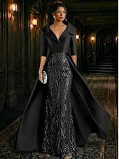 abordables Vestidos de gala-Corte A Hasta el Suelo Bordado con cuentas Vestido formal Vestido de madre de la novia Vestidos de noche Vestido de baile con sobrefalda Vestimenta formal Elegante Sedoso Manga 3/4 Cuello Camisero