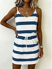 cheap Stripe&amp;Geometric Dress-Women's Mini Dress Casual Dress Striped Dress Vest Dress Elegant Fashion Daily Vacation Regular Fit Striped Sleeveless Spaghetti Strap Yellow Pink Navy Blue Dark Green Summer Spring