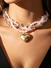 billiga Kvinnors halsband-Damhalsband med lager på lager och imitationspärlor, rosa stenar och guldpärlor, elegant chokerhänge för vardagsbruk, semester, trädgårdsfest och semiformella tillfällen