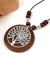 voordelige Dames ketting-Dames boho lange hangerketting - vintage hout &amp;Truienketting van legeringskralen met bladmotief &amp;Levensboom bedeltjes voor een zomervakantie aan het strand, of als casual kleding voor elke dag.