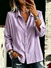  Mulheres Camisa de renda Blusa Guarnição do laço Côr Sólida Tecido Elegante Boêmia Manga Longa Lapela Tops regulares Branco Azul Céu Violeta Verão Primavera