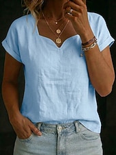 cheap Plain tee-Women's T Shirt Tee Top Patchwork Solid Color Fashion Casual Short Sleeve Peach-shaped Regular Tops Casual Daily Vacation Wear Light Blue Black White Yellow Pink Summer Spring