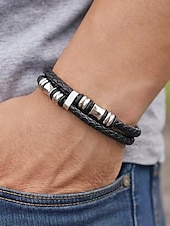 abordables Bijoux pour hommes-cuir synthétique à fermeture magnétique pour homme &amp;Bracelet en acier inoxydable noir, résistant et élégant, idéal pour offrir, pour les vacances à la plage ou au quotidien.