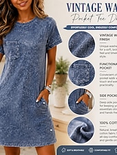 economico Vestito bianco-Abito t-shirt da donna 100% cotone, abito lavato, vestibilità regolare, tinta unita, maniche corte, scollo rotondo, lunghezza al ginocchio