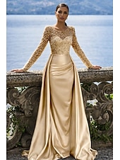 economico Abiti da ballo-Sirena Tromba Lunghezza al pavimento Abito da Sera Elegante Brillare &amp; Splendere Manica Lunga Scollo Illusione Carnevale Mascherata Abito Champagne per la Madre della Sposa Raso Con Paillettes con