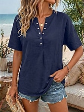 baratos Blusas Simples-Women's Shirt Casual Shirt Vacation Vintage Fashion Short Sleeve V Neck Crop Tops Casual Khaki Black White Yellow Pink Summer Spring