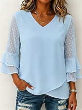 billiga Enkel t-shirt-Dam T-shirt T-tröja Elegant 3/4 ärm Volangärm V-hals Vanliga toppar Ledigt Standkläder Blå Svart Vit Rodnande Rosa Grön Sommar Vår