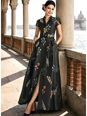  A-Line Floor Length Wedding Guest Dress Formal Dresses Flare Dress Mother of the Bride Dress Short Sleeve V Neck High Split Mother Of The Bride Formal Wedding Guest Satin with Floral Print Slit Pocket