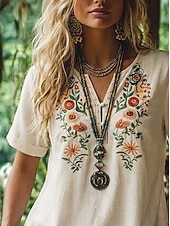 رخيصةأون بلوزات بسيطة-Women's Blouse Embroidery Shirts Embroidered Floral Vintage Boho Short Sleeve V Neck Long Tops Casual Daily Summer Apricot Summer Spring