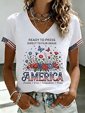  American Independence Day Women's T Shirt Print Graphic American Flag Vintage Stylish Classic Short Sleeve V Neck Regular Tops Casual Daily White-Blue White Red White Summer Spring Fall Winter
