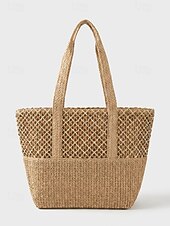 economico Borse da viaggio per vacanze-Borsa tote da donna in stile bohémien intrecciata, borsa a tracolla capiente color kaki beige da spiaggia con ciondolo a nappina, ideale per vacanze al mare, viaggi e abbigliamento casual quotidiano.