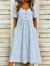 economico Abito a Strisce e Geometrico-Per donna Abito Midi Vestito Estivo Vestito Casual Abito a trapezio Abito Estivo Vacanza Casual Spiaggia Spiaggia Ferie Vestibilità regolare Grafico Geometrico A righe Manica Corta Scollo Tondo Blu