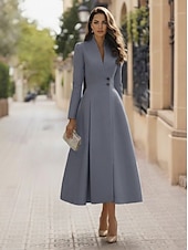 preiswerte Smokingkleider-Damen Smokingkleid A-Linie Formell Stretch-Crêpe Elegant Vintage Langarm Tee-Länge Midi-Länge Königin Anne Doppelreihig