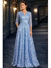 preiswerte Bodenlänge-A-Linie Kleid Bodenlang Partykleid Cocktailkleid Brautmutterkleid Langarm V Ausschnitt Elegant Vintage luxuriös Formell Hochzeitsgast Kentucky Derby Chiffon Tüll mit Paillette Stickerei Blume