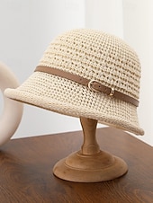 baratos Chapéus Femininos-Chapéu bucket feminino em poliéster trançado com cinto de couro, chapéu de sol leve para o verão, ideal para férias, praia, uso casual ao ar livre e dia a dia.