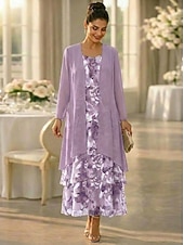 ieftine Seturi de rochii pentru mama-Două Piese Linia -A Lungime Gleznă Rochie pentru invitata de nunta Larg Rochie Mama Miresei Lungime Manșon 3/4 Scoateți gâtul Elegant Simplu Casual Oficial Invitat la nunta Concediu Șifon Rochii