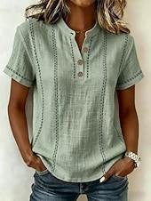 abordables T-shirt uni-Femmes T-shirt Chemise Henley Boutons Rayé Mode Manche Courte Henley Hauts Réguliers Occasionnel Plage Été Blanche Vert Claire bleu marine Bleu Ciel Orange Été Printemps