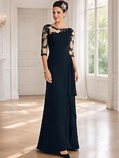 cheap Floor Length-Sheath Column Floor Length Wedding Guest Dress Formal Dresses Evening Gown Mother of the Bride Dress Half Sleeve Jewel Neck Elegant Mother Formal Evening Lace with Appliques
