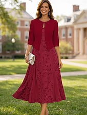 voordelige Jurkensets voor mama-Tweedelig A-lijn Over de knie Bruiloft gast jurk Moeder van de bruid jurk Korte mouw V-hals Elegant Eenvoudig Luxueus Formeel Bruiloft gast Chiffon Crêpe met Kant Kralen