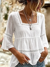  Festival de Música Mulheres Blusa Renda Patchwork Guarnição do laço Côr Sólida Diário à moda Básico Manga 3/4 Decote Quadrado Tops longos Casual Diário Preto Branco Azul Céu Verde Verão Primavera