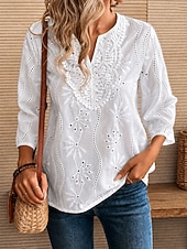 voordelige Effen Blouses-Dames Blouse Geborduurd Effen Kleur Vintage Stijlvol Basic 3/4 mouw V-hals Normale tops Casual Dagelijks Wit Zomer Lente