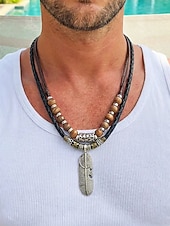 billige Ferietilbehør-Vintage fjæranhengskjede for menn med turkise perler – tribal stil lærsmykker til festivaler, reiser og hverdagsbruk
