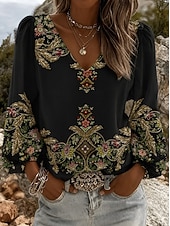 abordables Art &amp; Design Blouses-Femmes Chemise Fleuri Graphique Géométrique Bohème Vacances ancien manche longue Col en V Hauts Réguliers Occasionnel Quotidien Fête Noir Été Printemps