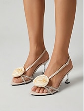 cheap Wedding Guest-Women's Apricot Satin Block Heel Sandals with Floral Rhinestone Straps for Garden Wedding Guest
