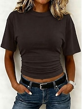 abordables Camiseta lisa-Mujer Camiseta Camiseta superior Frunce Color sólido Plano Vintage Moda Elegante Sin Mangas Manga Corta Cuello Barco Tops cortos Casual Diario Noche Azul Piscina Negro Blanco Rosa Gris Verano