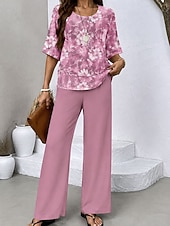 cheap Women's Blouse Suits-Women's Pants Sets Half Sleeve Butterfly Sleeve Round Neck Graphic Leopard Abstract Elegant Vacation Casual Daily Beach Pink Green Khaki Spring &amp; Summer Regular Fit